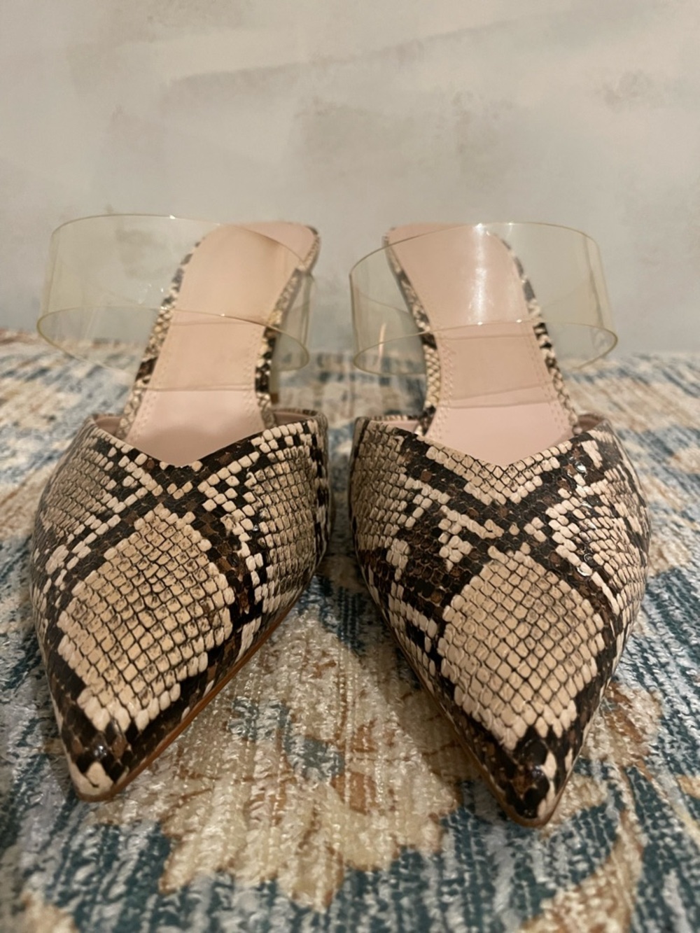 Zara Snake-Print Mule with Clear Strap - Beige/Black faux leather size 42